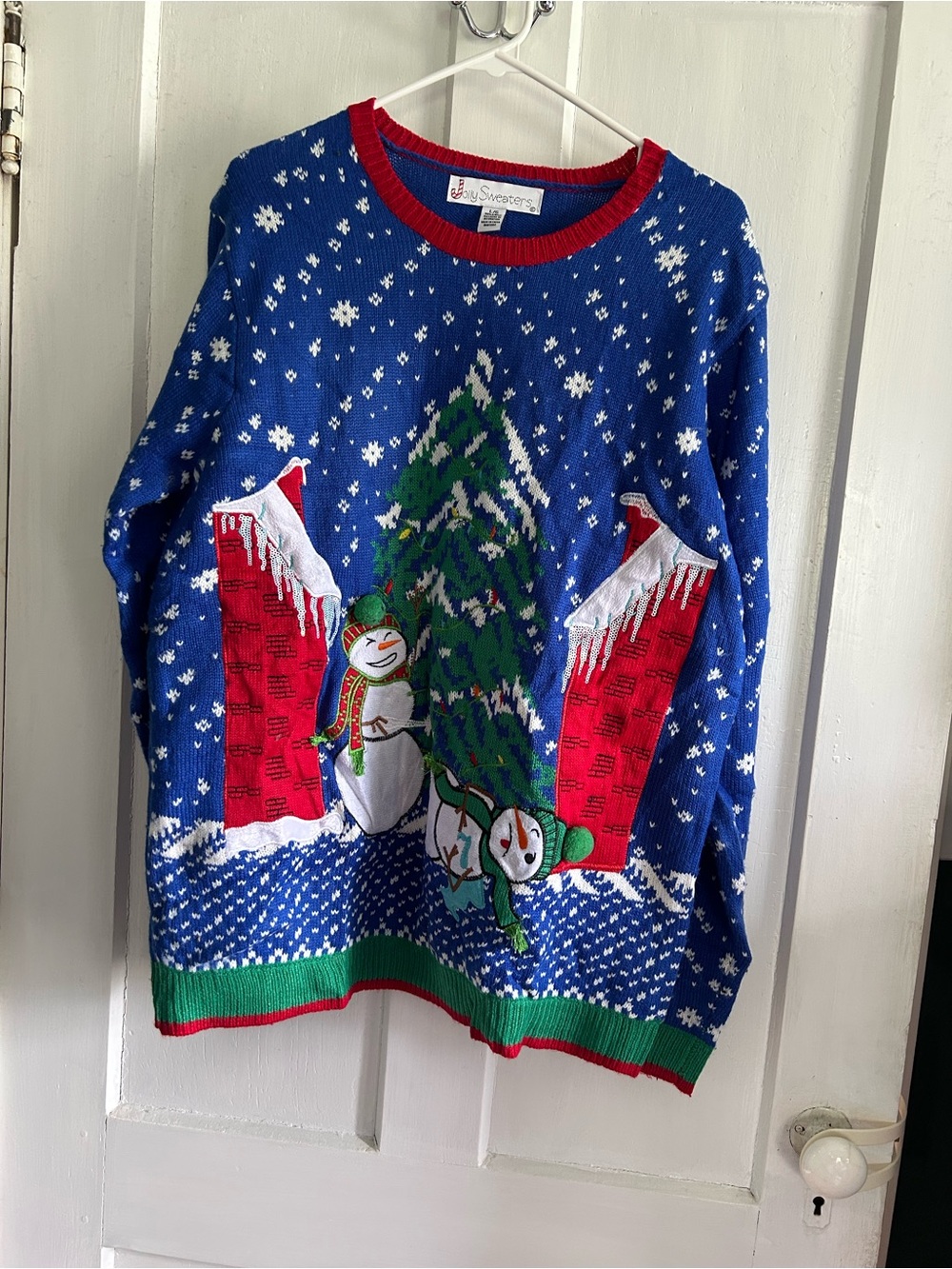 Blue Holiday Snowman Sweater with Red & Green Trim